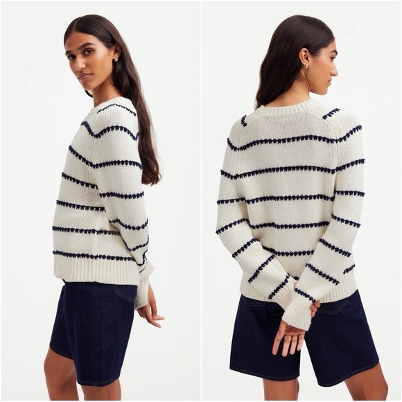 Madewell Sweater Textured Cotton Crewneck in Stripe Bright Ivory Navy Stripe S - Picture 2 of 13